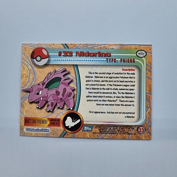 Pokemon 1999 TOPPS Nidorino #33 Blue Logo TV Animation Edition - Picture 4 of 4